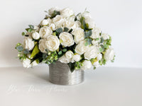 X-Large Modern White Floral Arrangement | French Country | Table Centerpiece | Unique Floral Faux Flowers in Glass Vase for Home Decor