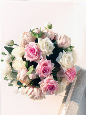 Pink Peonies, Roses Faux Flower Arrangement, Floral Home Decor and Centerpiece in Vase