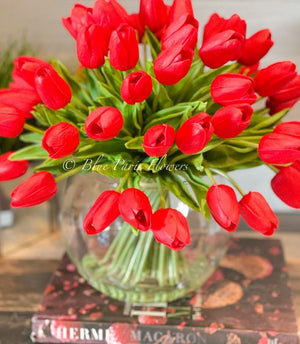 X-Large 60 Red Tulips | Modern Faux Floral Arrangement | Real Touch Artificial Faux Forever Flowers in Glass Vase, Faux Flowers in Vase