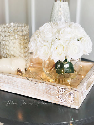 Real Touch White Roses Arrangement in Vase, French Country Artificial Flowers, Faux Floral Home Decor