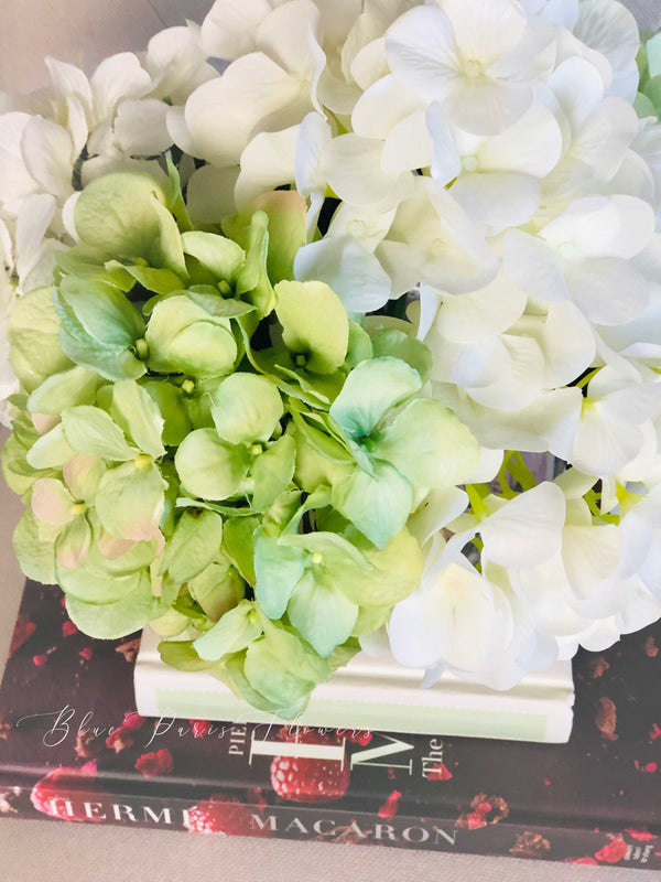 White Green Hydrangea in Vase, Artificial Faux Flower Arrangement, Silk Flower Centerpiece, Home Decor