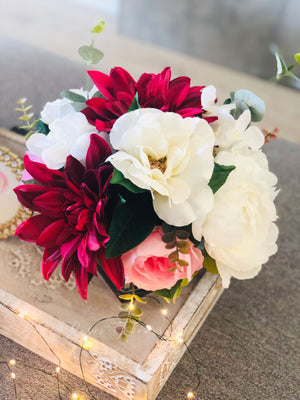 Dahlia, Roses Peonies Arrangement, Faux Flowers in Vase, Floral Decor Centerpiece