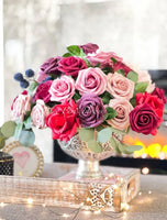 Burgundy-Cream-Pink Roses Peonies Silk/Foam Artificial Faux Flower Floral Center Arrangement in Silver Vase Home Decor by Blue Paris Flowers