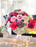 Burgundy-Cream-Pink Roses Peonies Silk/Foam Artificial Faux Flower Floral Center Arrangement in Silver Vase Home Decor by Blue Paris Flowers