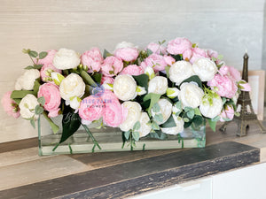 Modern Long White and Pink Rose Peony Arrangement, Artificial Faux Centerpiece Floral Flower Arrangement, Silk Flowers Glass Vase Home Decor