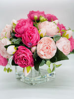 Light and Dark Pink Rose Peony Arrangement, Artificial Faux Centerpiece, Silk Flowers in Glass Vase for Home Decor