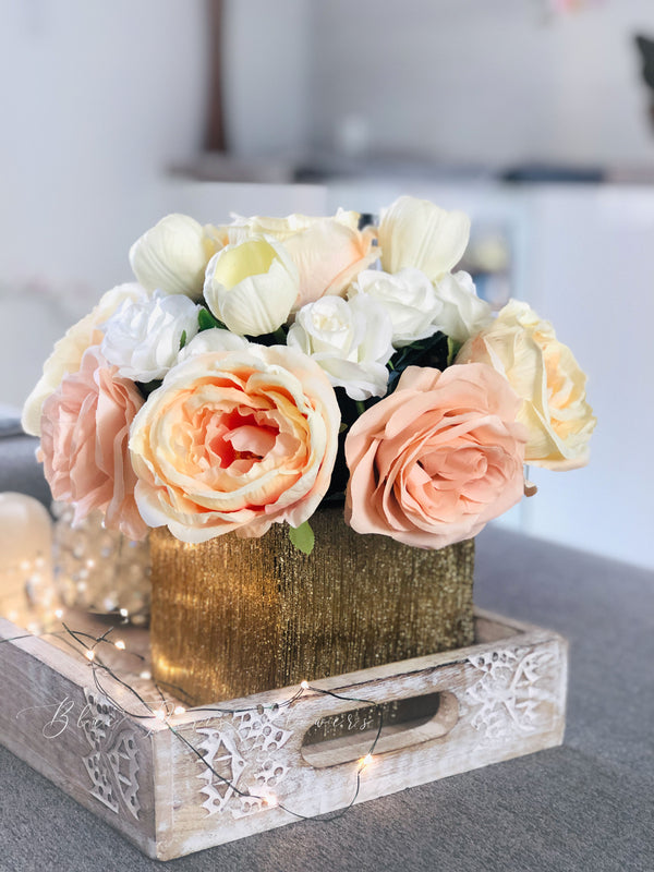 Ashley Dusty Rose, White Tulips Faux Flower Arrangement, Floral Home Decor | Silk Artificial Centerpiece in Gold Vase