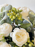 Large White Rose Peony, Berries with Greenery Arrangement, Artificial Faux Centerpiece, French Silk Floral Flowers Glass Vase for Home Decor