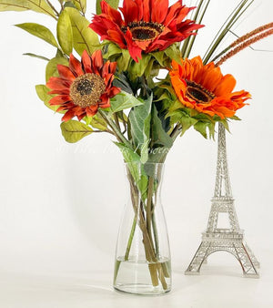 Mix Faux Flower Arrangement, Sunflowers and Greens in Vase, Floral Decor Silk Flower Centerpiece, Faux Artificial Flowers Silk Arrangement