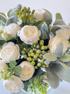 Large White Rose Peony, Berries with Greenery Arrangement, Artificial Faux Centerpiece, French Silk Floral Flowers Glass Vase for Home Decor