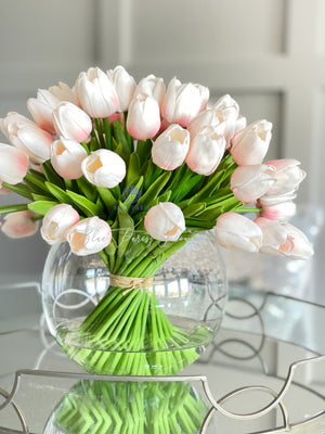 X-Large 60 Light Pink Tulips | Modern Faux Floral Arrangement | Real Touch Artificial Faux Forever Flowers in Glass Vase, Faux Flowers, Vase