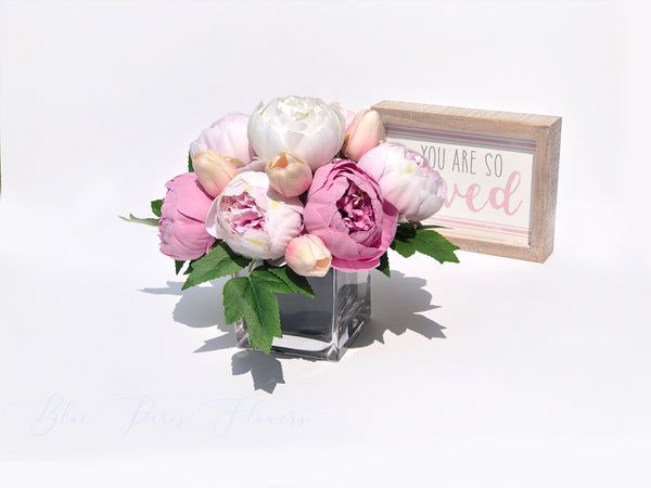 Pink Peony Arrangement, Artificial Faux Centerpiece, Natural Touch Flowers in Glass Vase Home Decor
