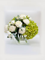 White Peony Rose Green Hydrangeas Arrangement Artificial Faux Forever Flowers in Glass Vase for Home Decor by Blue Paris Flowers