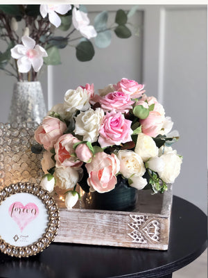 Pink Peonies, Roses Faux Flower Arrangement, Floral Home Decor and Centerpiece in Vase