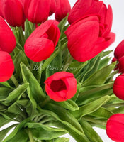 X-Large 60 Red Tulips | Modern Faux Floral Arrangement | Real Touch Artificial Faux Forever Flowers in Glass Vase, Faux Flowers in Vase