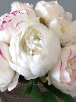 Marsala Tipped White Ivory Peony Arrangement, Artificial Faux Centerpiece