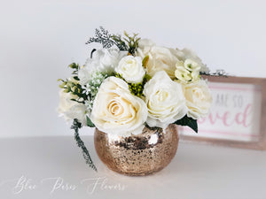 White Roses Faux Flower Arrangement, Floral Home Decor | Silk Artificial Centerpiece in Gold Vase