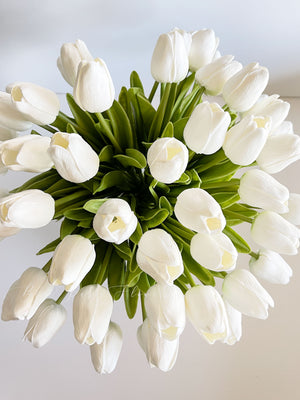 X-Large 60 White Tulips | Modern Faux Floral Arrangement | Real Touch Artificial Faux Forever Flowers in Glass Vase, Faux Flowers in Vase