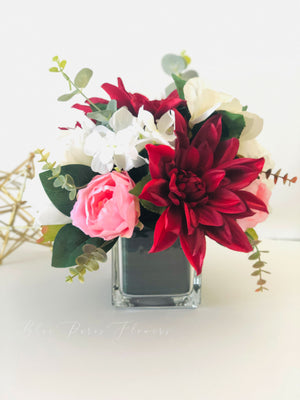 Dahlia, Roses Peonies Arrangement, Faux Flowers in Vase, Floral Decor Centerpiece
