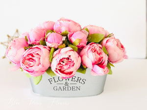 Pink Peonies Floral Arrangement, Artificial Faux Centerpiece, Flower in Metal Vase, French Country Home Decor