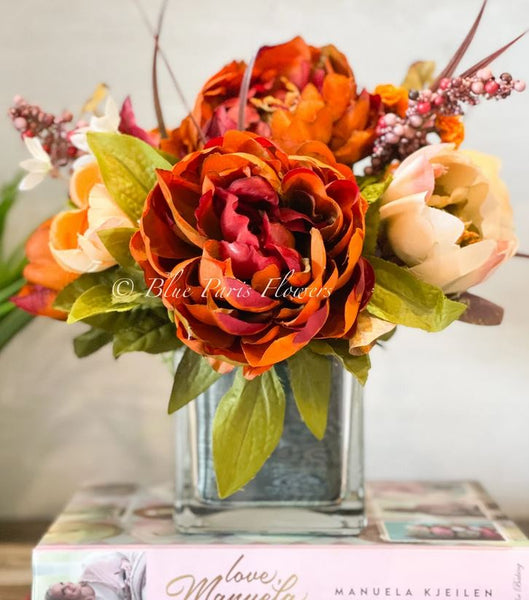 Fall or Thanksgiving Arrangement, Orange, Brown Roses in Gold Vase, Floral  Decor Centerpiece, Faux Florals Artificial Flowers Silk Decor