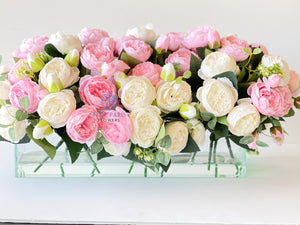 Modern Long White and Pink Rose Peony Arrangement, Artificial Faux Centerpiece Floral Flower Arrangement, Silk Flowers Glass Vase Home Decor