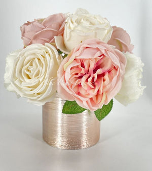 White & Blush Rose and Peonies Arrangement, Artificial Faux Centerpiece, Floral Flowers in Rose Gold Vase Home Decor Blue Paris