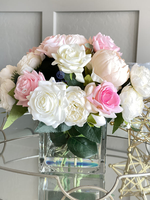 Light Pink & White Roses, Real Touch Flowers, Blush Peonies, Faux Flower Arrangement, Table Centerpiece, French Country Floral Home Decor