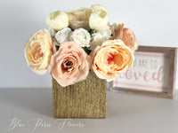 Ashley Dusty Rose, White Tulips Faux Flower Arrangement, Floral Home Decor | Silk Artificial Centerpiece in Gold Vase