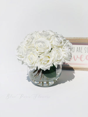 Real Touch White Roses Arrangement in Vase, French Country Artificial Flowers, Faux Floral Home Decor