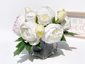 White Peony Arrangement, Artificial Faux Centerpiece, Natural Touch Flowers in Glass Vase Home Decor