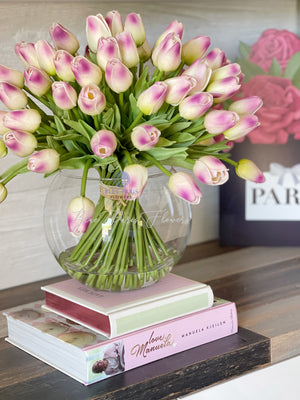 X-Large 60 Mauve Tulips | Modern Faux Floral Arrangement | Real Touch Artificial Centerpiece Faux Flowers in Glass Vase Faux Flowers in Vase