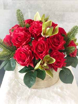 Christmas Real Touch Red Roses Arrangement-Gold Vase- Floral Decor Centerpiece- Artificial Flowers Silk Arrangement-Fake Flowers Home Decor