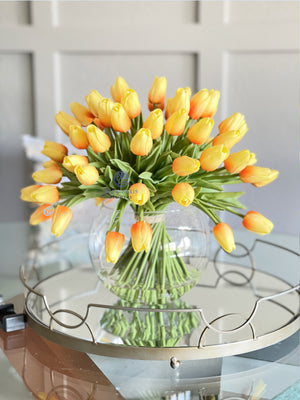X-Large 60 Yellow Tulips | Modern Faux Floral Arrangement Real Touch Artificial Centerpiece Faux Flowers in Glass Vase Faux Flowers in Vase