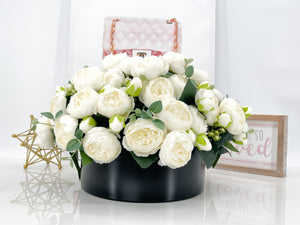 X-Large White Rose Peony Arrangement, Artificial Faux Floral Centerpiece, High-quality Silk Flowers in Glass Vase for Home Decor