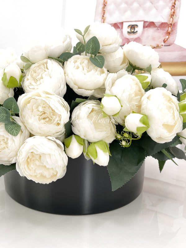 X-Large White Rose Peony Arrangement, Artificial Faux Floral Centerpiece, High-quality Silk Flowers in Glass Vase for Home Decor