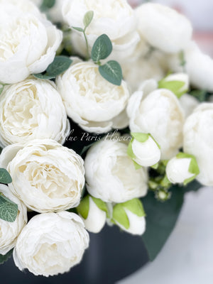 X-Large White Rose Peony Arrangement, Artificial Faux Floral Centerpiece, High-quality Silk Flowers in Glass Vase for Home Decor