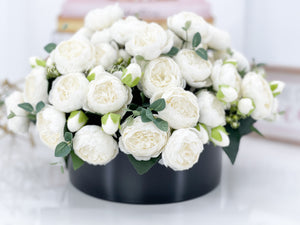 X-Large White Rose Peony Arrangement, Artificial Faux Floral Centerpiece, High-quality Silk Flowers in Glass Vase for Home Decor