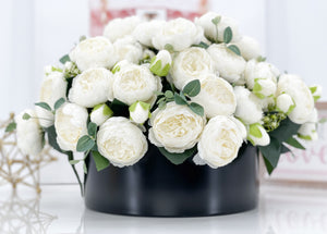 X-Large White Rose Peony Arrangement, Artificial Faux Floral Centerpiece, High-quality Silk Flowers in Glass Vase for Home Decor