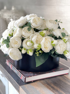 X-Large White Rose Peony Arrangement, Artificial Faux Floral Centerpiece, High-quality Silk Flowers in Glass Vase for Home Decor