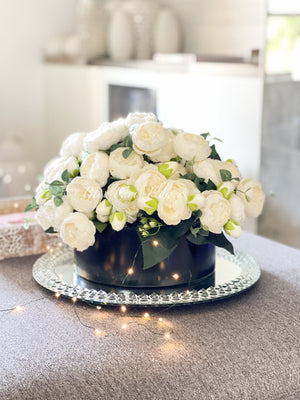 X-Large White Rose Peony Arrangement, Artificial Faux Floral Centerpiece, High-quality Silk Flowers in Glass Vase for Home Decor