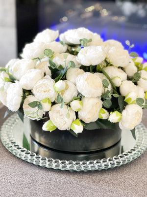 X-Large White Rose Peony Arrangement, Artificial Faux Floral Centerpiece, High-quality Silk Flowers in Glass Vase for Home Decor