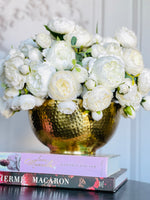 Large White Rose Peony Arrangement, Artificial Faux Floral Centerpiece, High-quality Silk Flowers in Gold Metal Vase for Home Decor