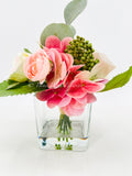 Pink Green Lavender Floral Arrangement, Artificial Faux Centerpiece Silk Flowers in Glass Vase for Home Decor, High-Quality Floral, Weddings