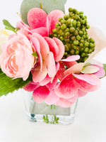 Pink Green Lavender Floral Arrangement, Artificial Faux Centerpiece Silk Flowers in Glass Vase for Home Decor, High-Quality Floral, Weddings