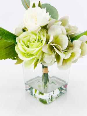 Pink Green Lavender Floral Arrangement, Artificial Faux Centerpiece Silk Flowers in Glass Vase for Home Decor, High-Quality Floral, Weddings