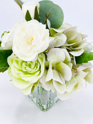 Pink Green Lavender Floral Arrangement, Artificial Faux Centerpiece Silk Flowers in Glass Vase for Home Decor, High-Quality Floral, Weddings