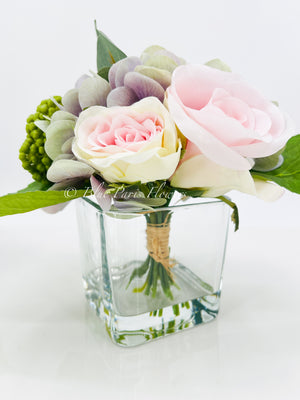 Pink Green Lavender Floral Arrangement, Artificial Faux Centerpiece Silk Flowers in Glass Vase for Home Decor, High-Quality Floral, Weddings