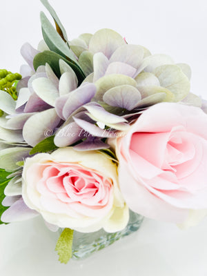Pink Green Lavender Floral Arrangement, Artificial Faux Centerpiece Silk Flowers in Glass Vase for Home Decor, High-Quality Floral, Weddings