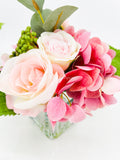 Pink Green Lavender Floral Arrangement, Artificial Faux Centerpiece Silk Flowers in Glass Vase for Home Decor, High-Quality Floral, Weddings